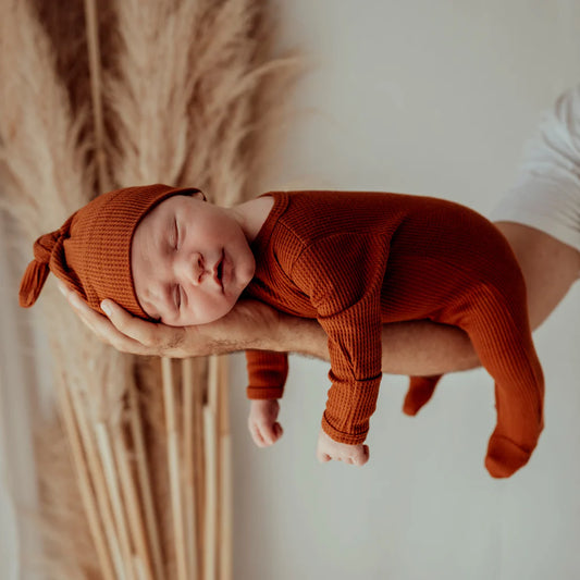 Waffle Footed Overalls & Beanie Set - Bronze