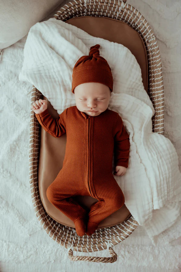 Waffle Footed Overalls & Beanie Set - Bronze
